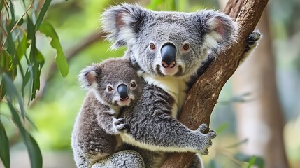 Fototapeta premium Mother koala with baby on her back on eucalyptus tree