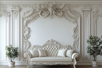 Elegant white sofa in a luxuriously ornate rococo room detailed carvings soft lighting classic interior design