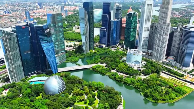 Aerial view of a modern city with lush green parks and a river