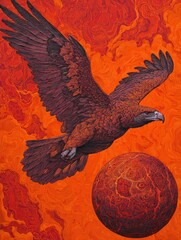 A majestic bird of prey soars through a fiery, vibrant sky, with a textured celestial sphere in the background, capturing a sense of power and freedom.