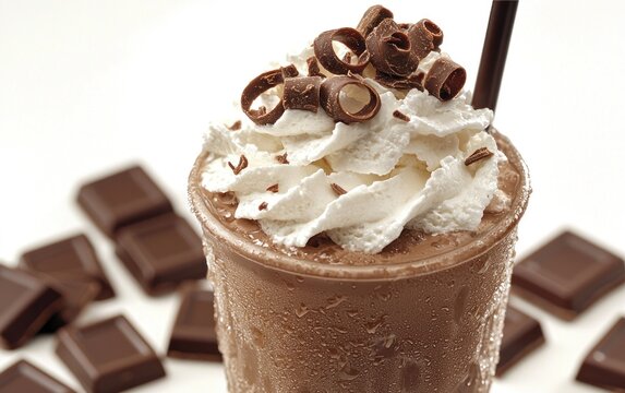 Chocolate shake topped with whipped cream and curls, dark chocolate squares - Powered by Adobe