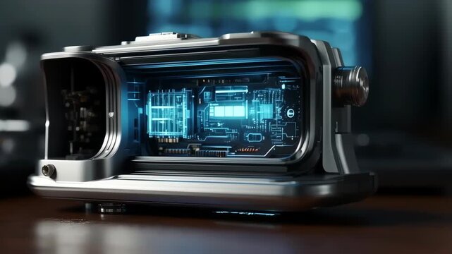 Futuristic, high-tech device with visible internal circuitry