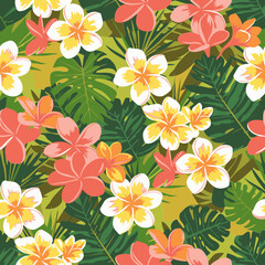 Tropical flower and leaf seamless pattern with vibrant colors. Colorful floral design with various tropical flowers and leaves creating a repeating pattern.