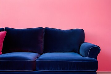 Luxurious navy velvet sofa against a vibrant pink wall perfect for modern living rooms adding a touch of sophisticated