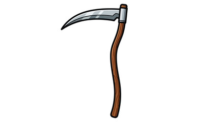 A cartoon illustration of a scythe with a curved silver blade and a brown wooden handle.