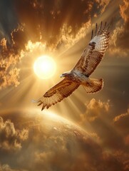 A majestic raptor soars through a golden sunset sky, showcasing the power of flight and freedom against the backdrop of the Earth.