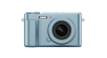 Isolated pale blue camera, lens and shutter button are visible, ready for photography