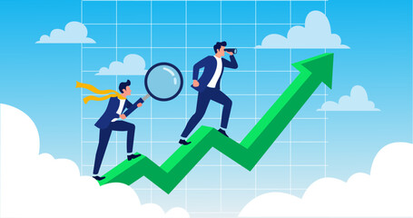 Business forecast and future vision vector illustration with businessman looking through binoculars