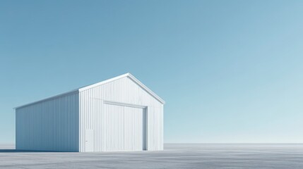 Obraz premium Minimalist Warehouse against Blue Sky: A stark, modern warehouse structure, a testament to simple design, contrasts with a bright blue sky, symbolizing industrial efficiency.