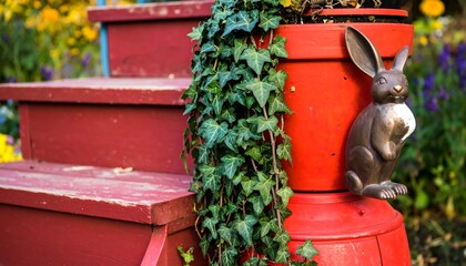 Red Steps, Potted Plant, Bunny Sculpture