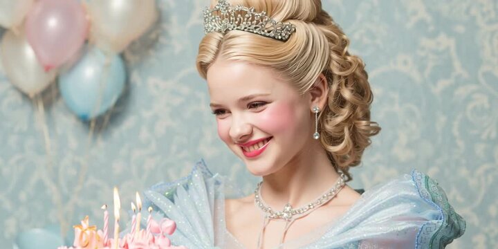 A joyful girl wearing a crown, about to blow out candles on a beautifully decorated birthday cake, surrounded by festive balloons.