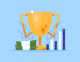 A concept of achievement and success. increased performance, awards, competition prizes and contests. Illustration of a wad of money, a gold trophy, and a bar chart. Flat style design. Blue background
