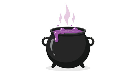 A black cauldron with purple liquid bubbling and steaming, likely a witch's brew or potion.