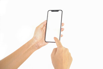 Close up of smartphone in hand holding woman with white screen on white background. A woman is using a mobile phone with a blank  screen.