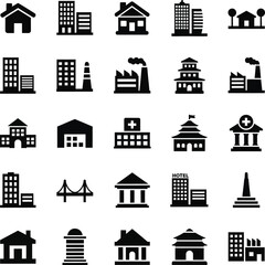 Collection of diverse building icons for urban and residential design