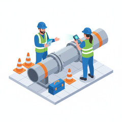 Isometric Vector Illustration of Engineers Inspecting Industrial Pipeline with Digital Devices and Safety Equipment
