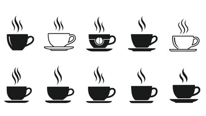 A collection of ten black and white vector icons depicting various hot coffee cups with steam rising, some with saucers, on an isolated white background.
