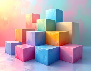 Obraz premium Pastel-colored cubes arranged in an ascending, asymmetrical formation against a soft, colorful backdrop, reflecting on a glossy surface