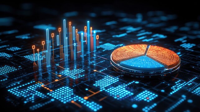 Glowing bar & pie charts overlayed on digital circuit board background - Powered by Adobe