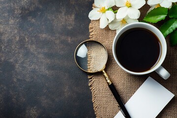 Serene morning coffee with blooming jasmine a magnifying glass and a blank note dark rustic background warm tones