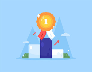 a concept of achievement and reward. First place, awards, prizes, competitions and contests. Illustration of a podium with rankings and medals. Flat style design. Blue background