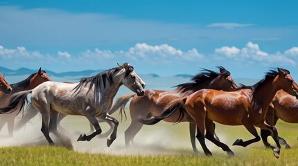 A majestic herd of horses gallops freely across a sunlit meadow, embodying the spirit of freedom and natural beauty.