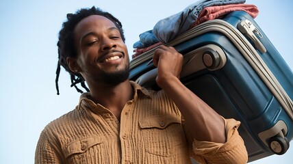 Smiling man carrying luggage on his shoulder ready for travel and a vacation trip