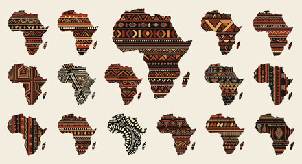 Africa Map Vector Illustration with Geometric Ethnic Patterns in Brown and Beige Colors Vintage Style