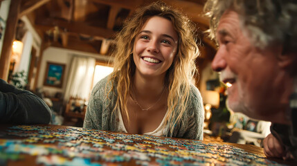 Fototapeta premium Family joyful time assembling a big puzzle in a cozy home