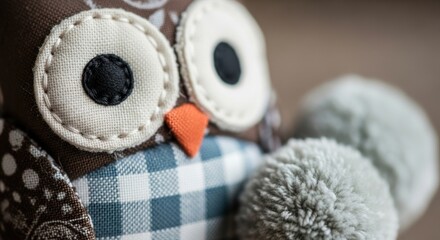 Close-up of a handmade owl doll with large eyes, a checkered pattern on its chest, and fluffy pom-poms.