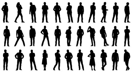 Collection of diverse human silhouettes in various standing and walking poses, suitable for graphic design resources.