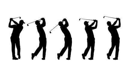 Silhouette of a golfer in various stages of a swing.