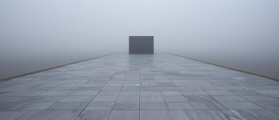 Obraz premium Gray cube centered on path, receding into fog. Minimal, conceptual art