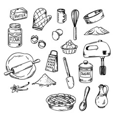 Vector set of kitchen utensils for baking, dough, pie. Sketch of kitchen utensils. Vector illustration.