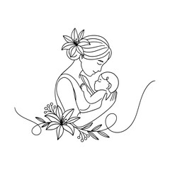 Mom hugs child. Mother and baby line art. Motherhood and newborn concept. Happy mother line vector illustration. Happy mother day