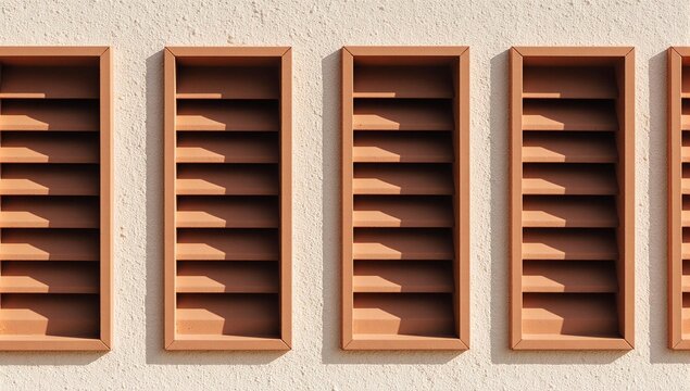 Repetitive pattern of terracotta louvered vents on a sunlit wall.