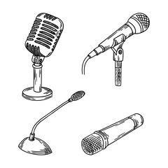 Set of drawn different microphones. Sketch of microphone for podcasts, journalism, concerts. Vector illustrations.