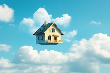 A whimsical house floats among fluffy clouds a dreamy vision of home and escape vibrant blue sky soft light