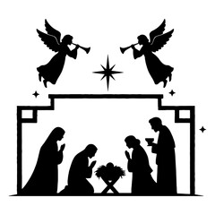 Christmas scene. Vector silhouette of traditional Christian symbols of the holy night. Family holidays. Sacred elements for holiday cards.