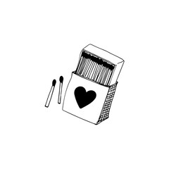 Vector sketch of an open matchbox with matches. Matchbox with heart. Concept for a romantic card.