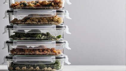 Tall stack of glass containers ready for a week of healthy meal prep.