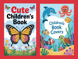 Obraz premium Cute Butterfly Children’s Book Cover with Flowers. Bright and Playful Children’s Book Illustration Design. Fun Kids Book Cover Artwork with Cute Characters. Colorful Ocean Animals Children’s Book Cove