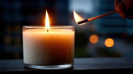 Lighting a candle with a match against blurred city lights