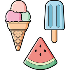 Refreshing Summer Treats Ice Cream Cone, Popsicle, and Watermelon Slice Illustration