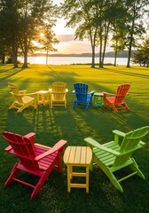 Sunset serenity vibrant adirondack chairs dotting a lush green lawn near tranquil waters