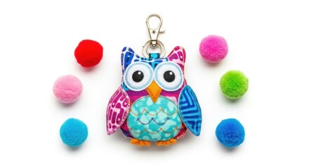A colorful owl keychain with a metal clip is surrounded by six fluffy pom-poms in various bright colors on a white background.