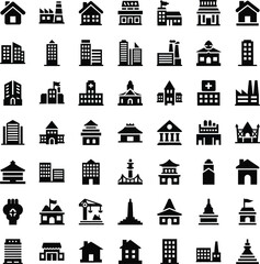 Collection of diverse building icons for design and illustration