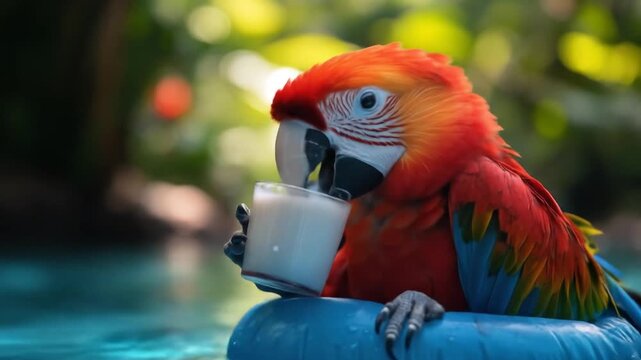 Colorful parrot drinking milk