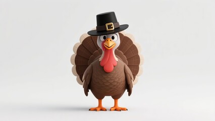 3D-rendered turkey wearing a pilgrim hat, standing against a white background