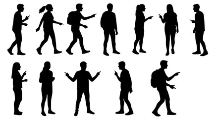 Silhouette Diverse Crowd People Standing Pointing Using Mobile Phone Illustration